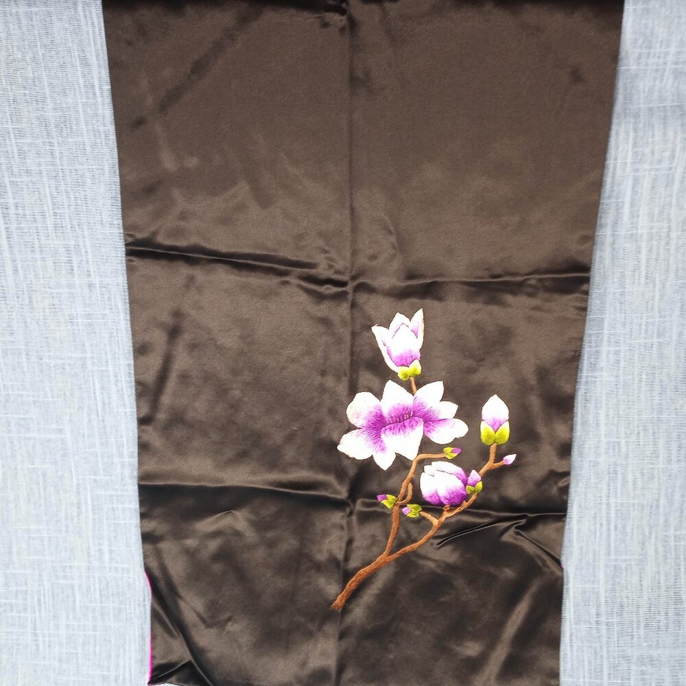 1950s Vintage Black and Magenta Silk Embroidered Flower Shawl